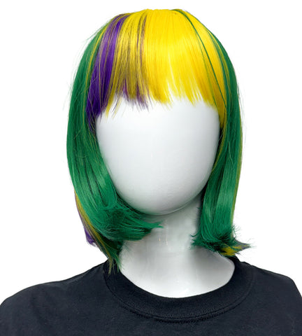Purple, Green, and Yellow Mardi Gras Bob Wig with Bangs (Each)