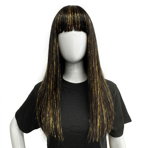 Black with Gold Tinsel Long Wig with Bangs (Each)