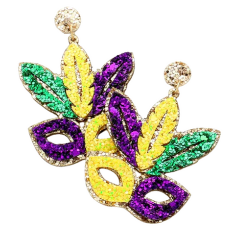 Mardi Gras Glittered Mask Dangle Earrings (Pair)