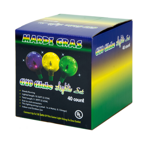 Purple, Green and Gold Lights LED Globe Mardi Gras Lights - 40 Lights 10.5' (Each)