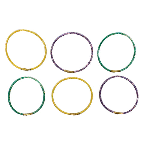 Purple, Green and Gold Beaded Jelly Bangle Bracelet Set (Pack of 6)