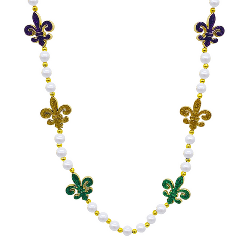 40" Purple, Green and Gold Glitter Fleur de Lis Pearl Necklace (Dozen)