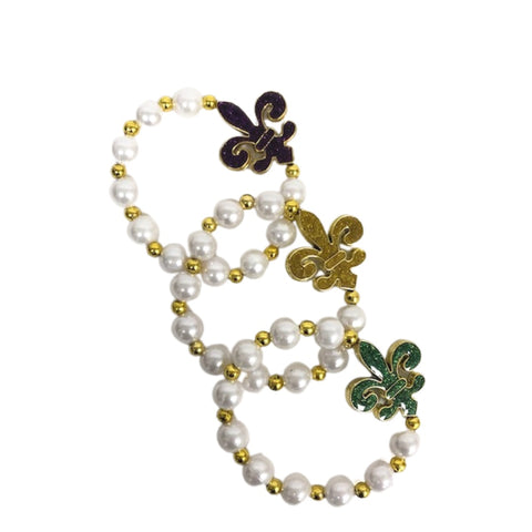 7" Purple, Green and Gold Glitter Fleur de Lis Pearl Bracelet (Dozen)