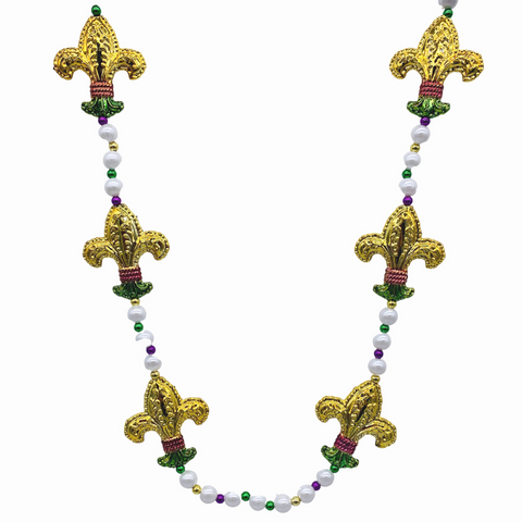 42" Purple, Green and Gold Fleur de Lis Mardi Gras Beads (Each)