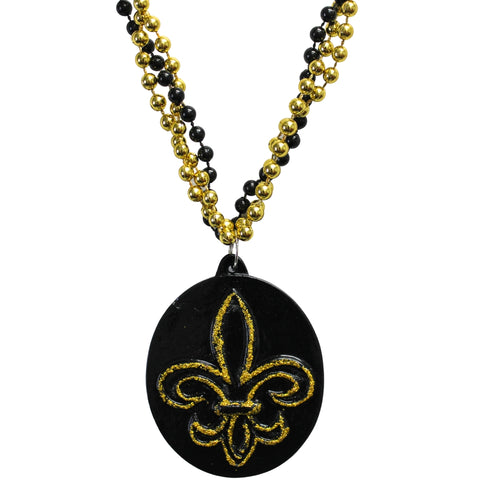 36" Black and Gold Braided Chain with A Fleur de Lis Glitter Medallion (Each)