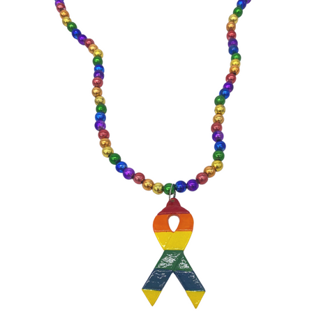 36" 8mm Rainbow Beads with Ribbon Medallion (Each)