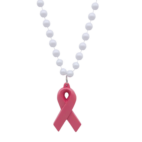 33" 10mm Pearl White MOT Bead with Pink Ribbon (Each)