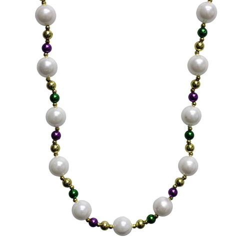 52" 25mm Pearl White Necklace with Alternating Purple, Green and Gold Beads (Each)