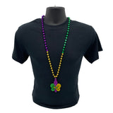 36" 10mm Purple, Green and Gold Glitter Fleur de Lis with Mask Necklace (Each)