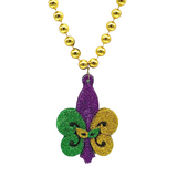 36" 10mm Purple, Green and Gold Glitter Fleur de Lis with Mask Necklace (Each)
