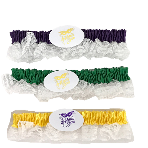 Assorted Purple, Green and Gold Garters with White Lace (Pack of 3)