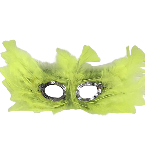 Neon Yellow Feather Mask with Silver Sequins Around The Eyes (Each)