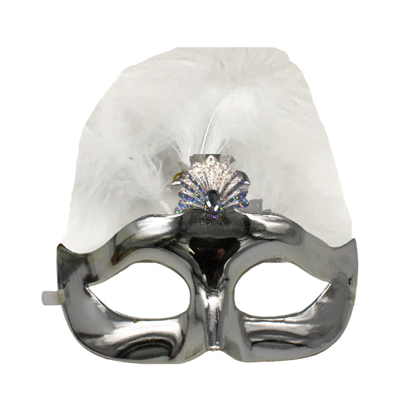 Metallic Silver Mask with White Plumes on Top with Ribbon Tie (Each ...