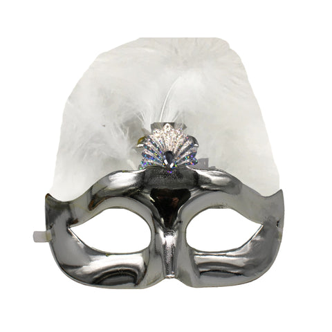 Metallic Silver Mask with White Plumes on Top with Ribbon Tie (Each)