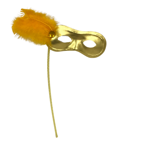 Metallic Gold Mask with Gold Feathers on Side with Gold Handle (Each)