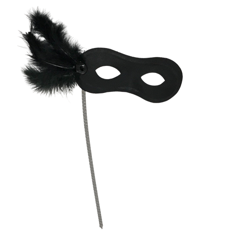 Black Mask with Black Feathers on Side with Black Handle (Each)