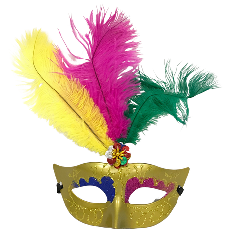 Gold Metallic Mask with Purple, Green and Gold Feathers and Ribbon Tie (Each)