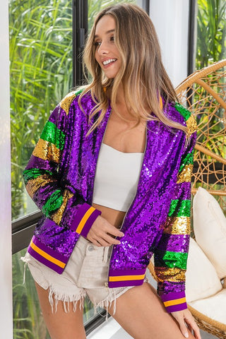 Mardi Gras Color Block Sequin Bomber Jacket (Each)