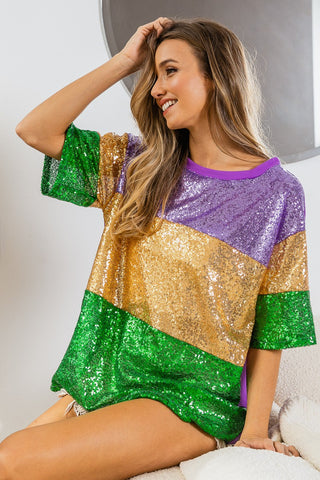 Mardi Gras Sequin Color Block Half Sleeves Top (Each)