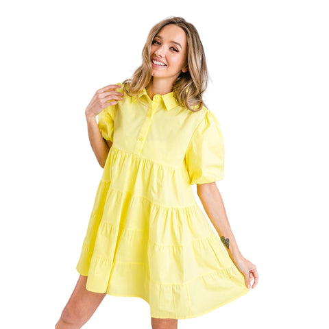 Yellow Gathered Shoulder Puff Sleeve Collared Dress (Each)