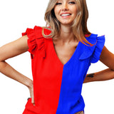 Red and Blue Ruffle Edged Wrinkle Gauze V Neck Top (Each)
