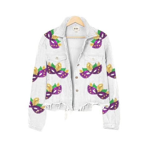 Off White Washed Corduroy Jacket with Sequin Mardi Gras Mask Patches (Each)