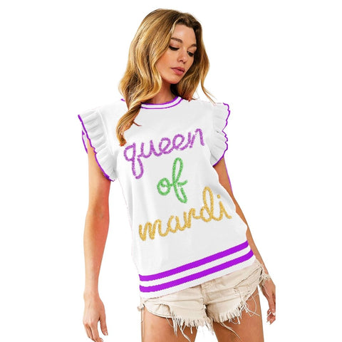 White Queen Of Mardi Sleeveless Ruffled Armhole with Metallic Lettering (Each)