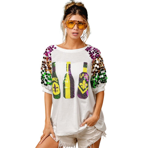 Sequin Mardi Gras Bottles Spangled Sleeve Top (Each)