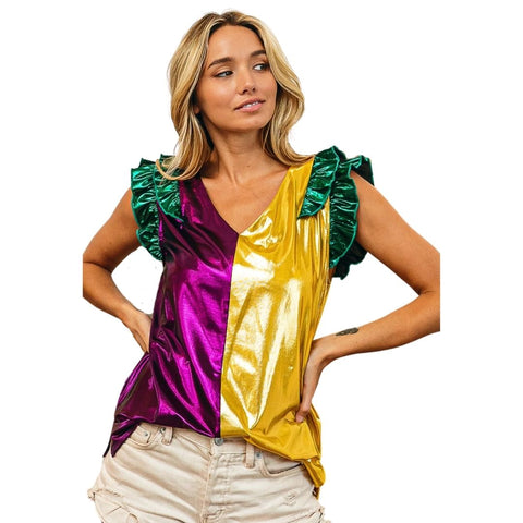V-Neck Mardi Gras Color Block Ruffled Metallic Top (Each)