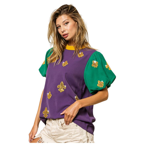 Puff Sleeve Mardi Gras Color Block Top with Sequin Fleur De Lis Patches (Each)