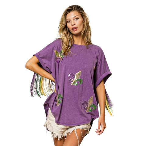 Washed Vintage Short Sleeve Top with Fleur De Lis Sequin Patches and Fringe (Each)