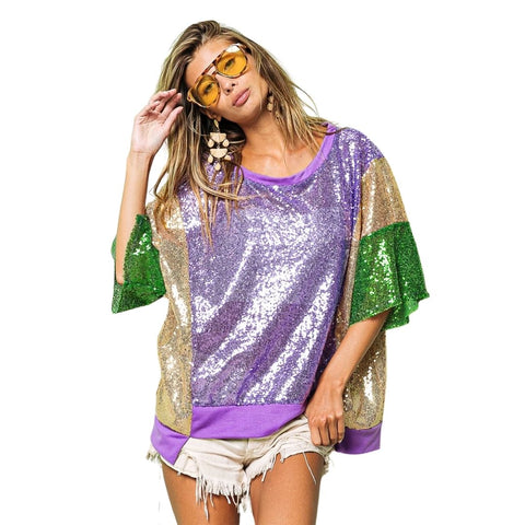 Mardi Gras Sequin Color Block Uneven Hem Crew Neck Top (Each)