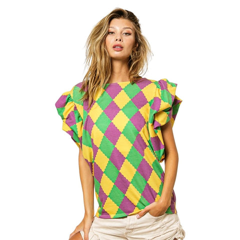 Mardi Gras Harlequin Ruffled Sleeveless Top (Each)