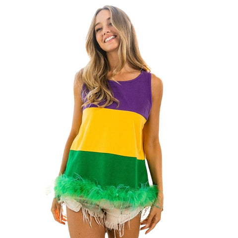 Purple, Yellow, and Green Color Block Faux Feather Hem Top (Each)