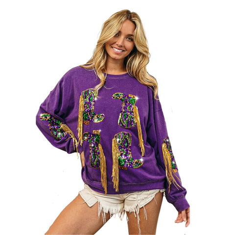 Vintage Washed Purple Fringed Embroidered Sequin Mardi Gras Boots Pullover (Each)