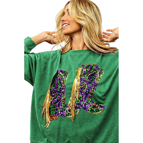 Vintage Washed Fringed Embroidered Large Sequin Mardi Gras Boots Pullover (Each)