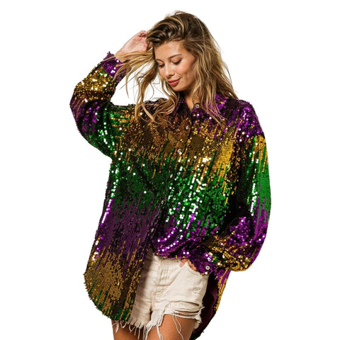 Mardi Gras Sequin Button Down Color Block Shirt (Each)
