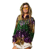 Mardi Gras Sequin Button Down Color Block Shirt with Sequin Fringe (Each)