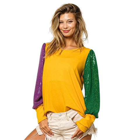 Mardi Gras Color Block Sequin Puff Long Sleeve Top (Each)