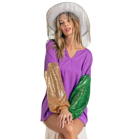Mardi Gras Color Block Half Zip Up Hoodie with Fleur De Lis Sequin