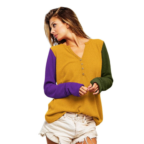 Mardi Gras Color Block Long Sleeve V Neck Henley Waffle Top - Gold (Each)