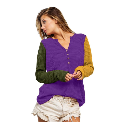 Mardi Gras Color Block Long Sleeve V Neck Henley Waffle Top - Purple (Each)