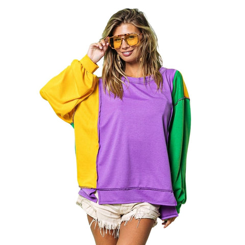 Mardi Gras Color Block Exposed Seams Long Sleeve Top (Each)