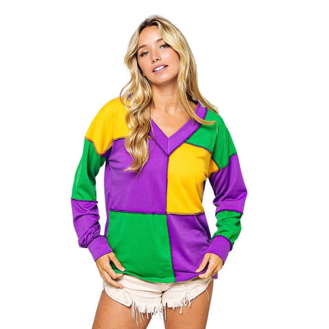 French Terry V Neck Mardi Gras Color Block Exposed Seam Long Sleeve Top (Each)