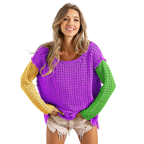 Mardi Gras Color Block Raw Edge Knit Long Sleeve Top (Each)
