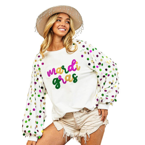 Mardi Gras Tinsel Lettering White Long Sleeve Pullover with Paillette Sequins (Each)