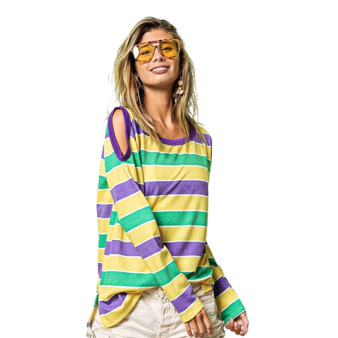 Mardi Gras Multi Striped Long Sleeve Top with Cut Out Shoulder (Each)