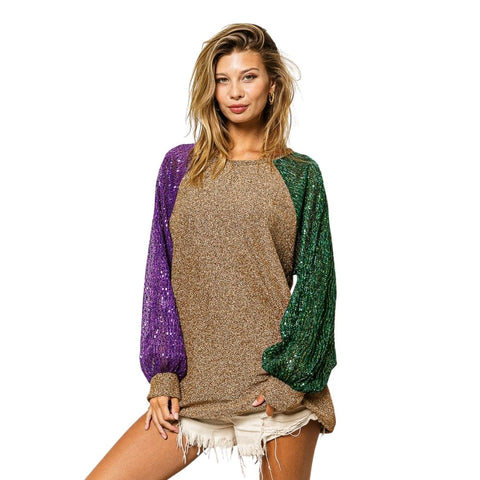 Mardi Gras Sequin Color Block Metallic Long Sleeve Knit Top (Each)