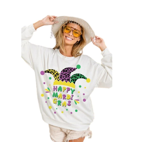 Happy Mardi Gras Jester Hat Print White Sweatshirt with Side Pockets (Each)