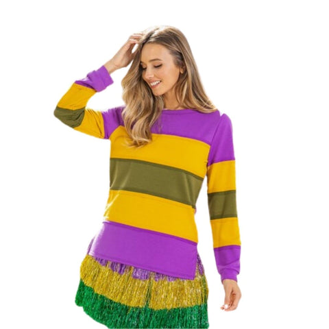 Mardi Gras Color Block Stripes Exposed Seam Crew Neck Long Sleeve Top (Each)
